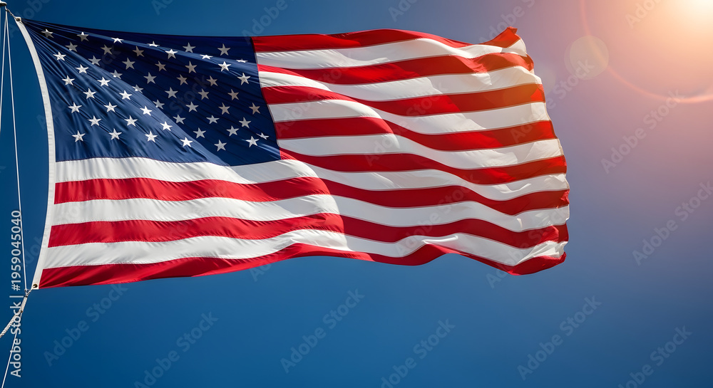 Obraz premium American flag waving in the wind with sunlight
