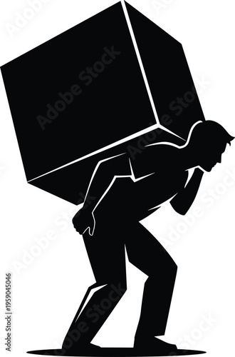 Black and white vector illustration of a man carrying a heavy box on his back for moving delivery and logistics.