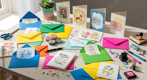 Colorful greeting cards and stationery on a table with crafting supplies including scissors tape and pens ready for diy gift giving and celebrations