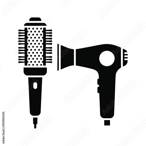 Hair dryer and round brush silhouette icon for beauty salon and hair styling equipment