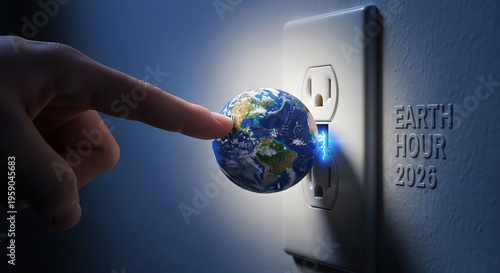 Human finger turning Earth as plug into socket, symbolizing energy saving, global responsibility, sustainability, electricity reduction, and climate awareness for Earth Hour campaign concept.