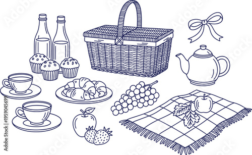 Blue linear picnic elements featuring wicker basket tea set fruits and baked snacks for outdoor dining hand drawn vector illustration doodle art