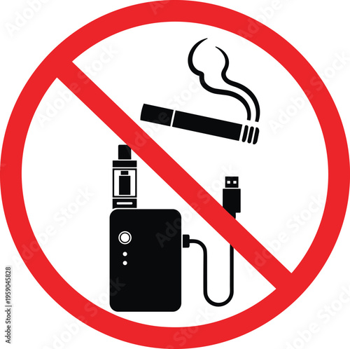 Red prohibition sign with cigarette and electronic vape icons for no smoking and no vaping zones for public safety warning.