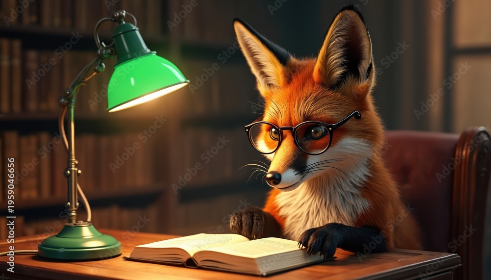 Fototapeta premium Smart fox wearing glasses reads book at desk under green lamp. Cozy library interior with bookshelves provides warm light for animal studying knowledge. Fox learns.