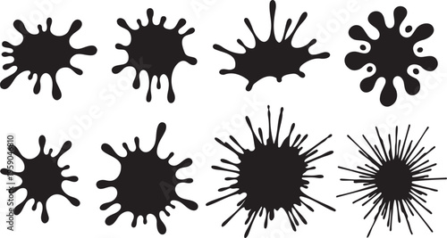 Black ink splat collection with 8 vector elements, liquid paint splash silhouettes, messy inkblot shapes for artistic design and grunge textures