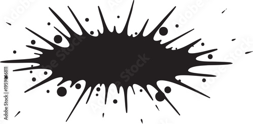 Black ink splash vector, hand drawn paint splatter with liquid droplets, abstract grunge ink blot for artistic design and comic book effects