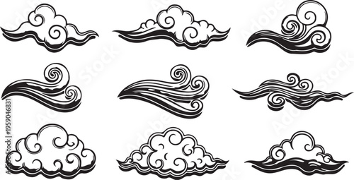Traditional Japanese clouds and water waves set, oriental style hand drawn vector elements, vintage chinese cloud patterns for decorative design
