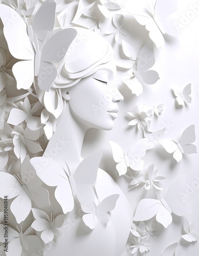A serene, white paper-sculpted bust of a woman, surrounded by butterflies and flowers