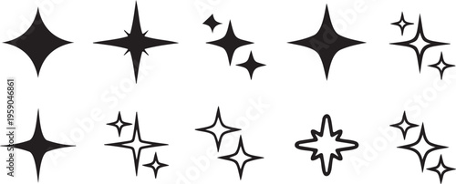 Sparkle star icons set, black twinkling star shapes vector collection, 10 decorative glitter and shine symbols for graphic design and branding