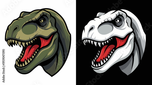 An impressive graphic logo featuring a ferocious dinosaur head, rendered in bold colors with fierce expressions, perfect for an adventurous brand or project.