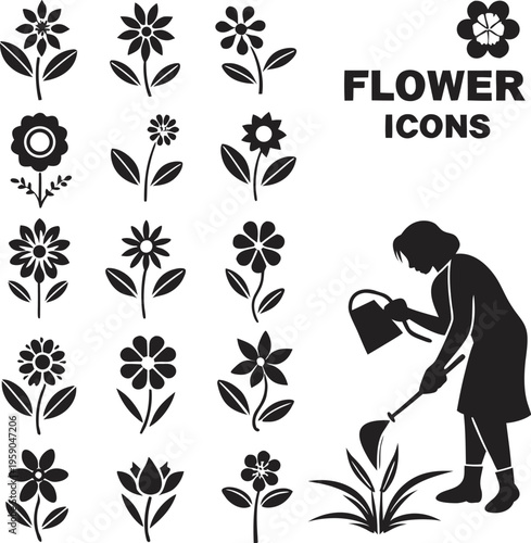 Black flower icons, gardening illustrations, vector set, flower silhouettes
