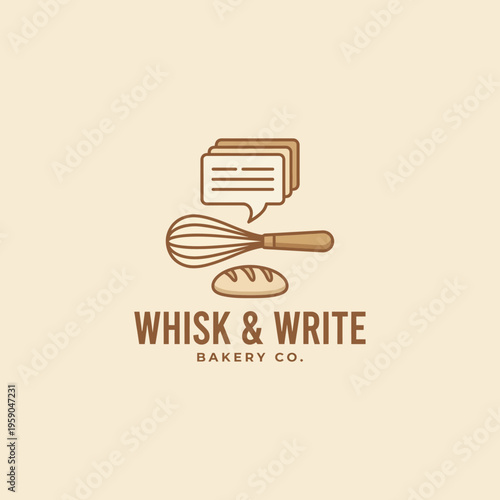 A whimsical logo for a bakery, featuring playful elements like a whisk and bread, conveying creativity and passion for artisanal baking and storytelling.