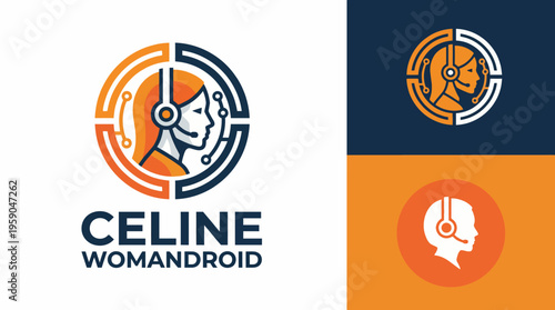 An innovative logo showcasing a futuristic female android with a headset, representing technology and customer service, perfect for businesses in tech or AI sectors.