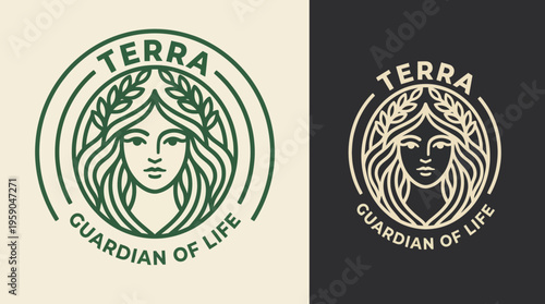 This logo design features a serene female figure symbolizing nature, adorned with foliage, capturing the essence of life, guardianship, and environmental stewardship.
