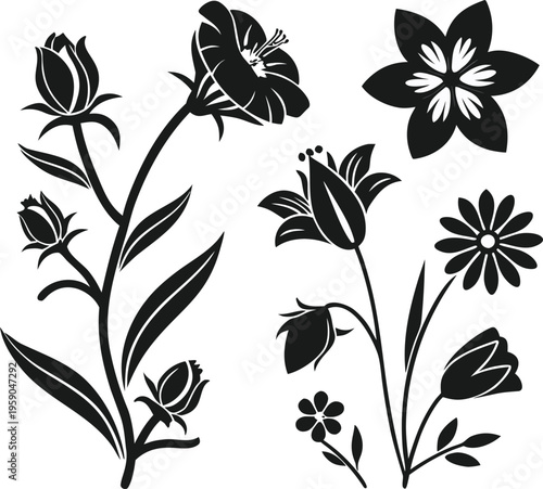 Black floral vector icons, flower silhouettes, botanical illustrations, decorative plant set
