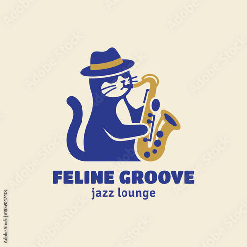 The colorful design depicts a stylish cat wearing a hat and sunglasses, playing the saxophone in a jazzy atmosphere, symbolizing entertainment, fun, and urban culture.