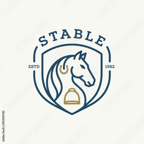 An elegant logo representing a stable with a graceful horse inside a shield, symbolizing traditions in equestrian care and horseback riding since 1982.