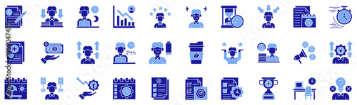 Workaholic dual tone style icons collection. Vector illustrations. Value, Burden, Overtime, Chart, Employee, Stress, Time, Pressure, Deadline, Speed, Health. Pro Vectors.	
