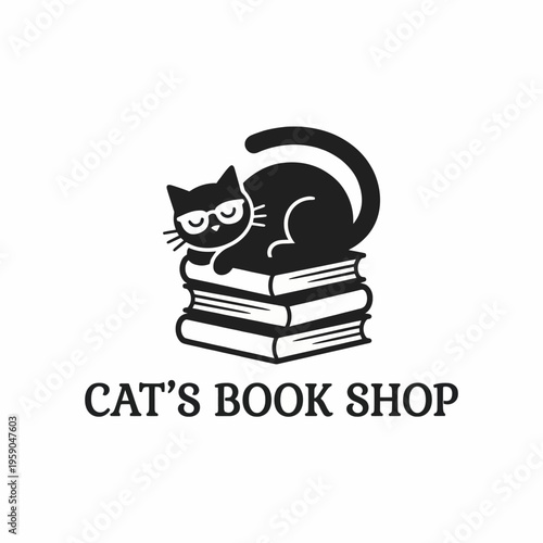 This whimsical illustration features a cat wearing glasses lounging on a stack of books, embodying creativity, warmth, and the joy of reading in a cozy bookshop environment.