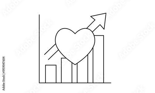 Heart and growth bar graph with upward arrow for healthcare success and charity donation concept.Editable stroke, Vector illustration, Line art Icon, Symbols.