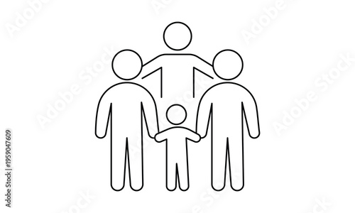 Family icon with parents and children holding hands for unity insurance and social support concept.Editable stroke, Vector illustration, Line art Icon, Symbols.