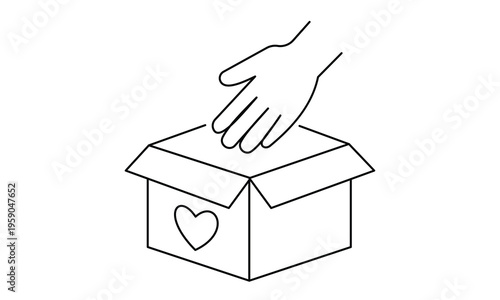 Hand putting donation into box with heart symbol for charity volunteer and giving back concept.Editable stroke, Vector illustration, Line art Icon, Symbols.
