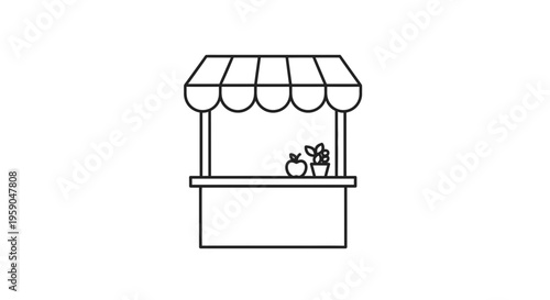 Simple Line Art Icon of a Market Stall with Apple and Potted Plant