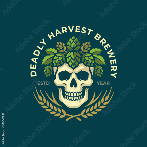 The logo features a skull adorned with hops and wheat, symbolizing a brewery that blends danger and creativity in its unique craft beer offerings and branding.