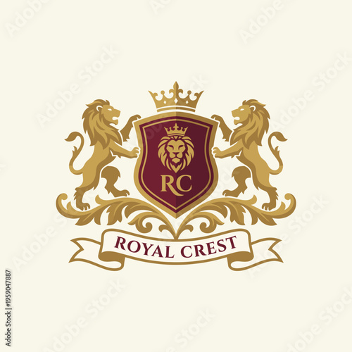 An elegant logo portraying a royal crest with lions and a crown, evoking concepts of nobility, strength, and heritage for luxury brands and services.