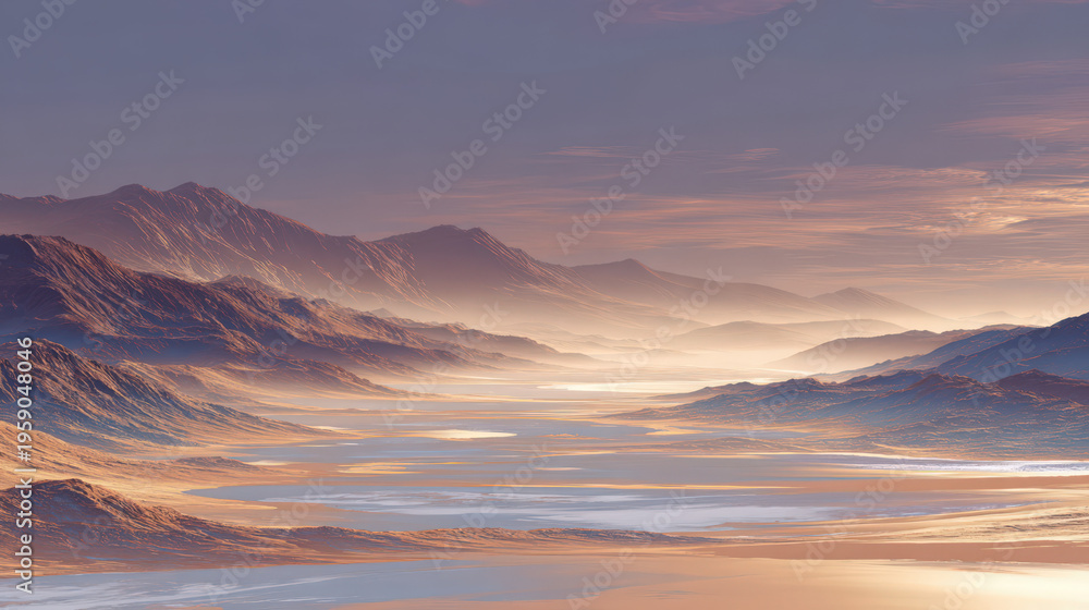 Fototapeta premium Sunlight touches peaks while fog blankets valleys below