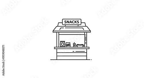 Simple Line Art Icon of a Snack Kiosk with Hot Dog and Drink