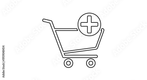 Shopping cart icon with plus sign, add to cart concept, e-commerce symbol