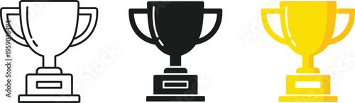 Set of professional trophy icons in linear solid and gold colors for winner success achievement award prize celebration competition and design.