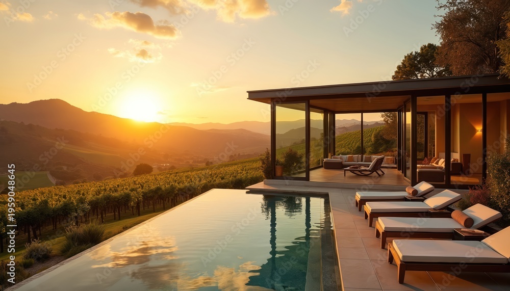 Fototapeta premium Modern villa with infinity pool overlooks vineyard hills at golden hour sunset. Luxury estate offers serene relaxation with comfortable lounge chairs and scenic views.