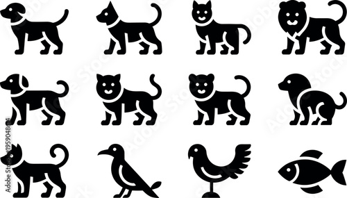 Animal silhouette icon set with dog cat bird fish and pet collection in minimalist style