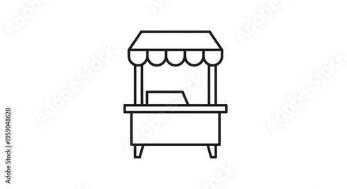 Simple black and white icon of a market stall or kiosk with a canopy and counter