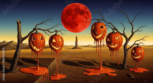 Eerie Halloween digital art featuring pumpkins impaled on wooden sticks in a barren field under a giant red moon.