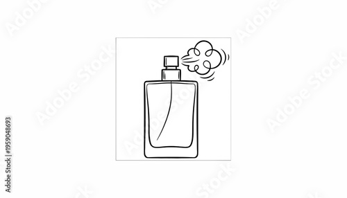 Perfume bottle spraying fragrance, minimalist line art illustration
