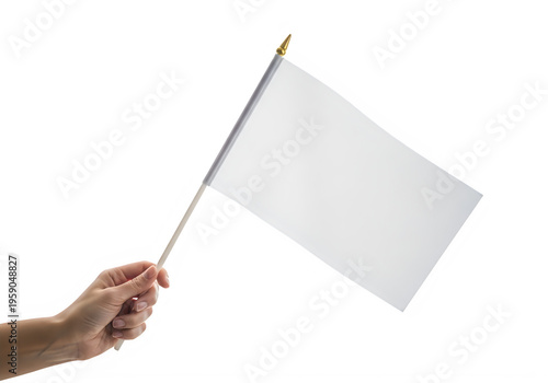 A person holding a small blank white rectangular flag attached to a wooden stick with a gold top