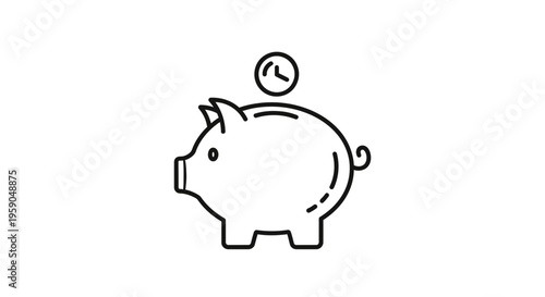 Piggy Bank with Clock Icon: Time is Money Concept, Savings and Investment Symbol