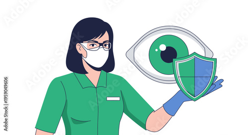 Protecting Vision Through Illustration of Eye, Masked Person, and Shield Symbol