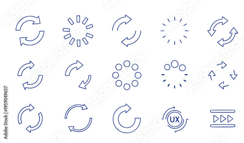 A set of minimalist blue vector icons depicting various circular and refresh symbols for user interface design and user experience applications