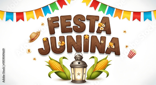 Poster written in Portuguese: Festa Junina. Traditional Brazilian festival, celebrating the simple life of the countryside. Festa Junina or São João festival in cartoon style. White background.