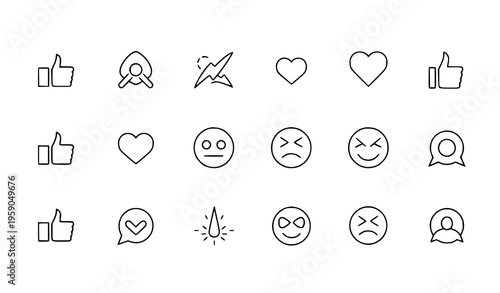 A set of black line art social media icons and emojis on a white background including likes hearts and various emoticon faces in a minimal flat design style