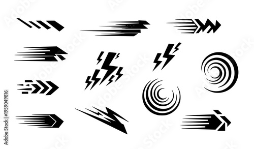 A collection of black and white vector graphic motion effect icons including arrows and lightning bolts on a plain white background