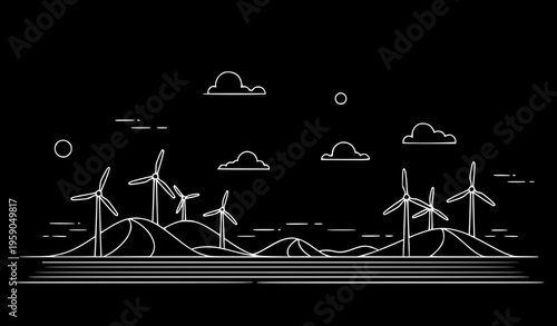 A minimalist white line art illustration of wind turbines on rolling hills with clouds and a moon on a black background, representing renewable energy and sustainability in a simple and iconic design