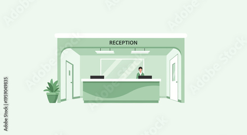Reception Area Illustration Depicting Front Desk, Interior, And Office Environment Design