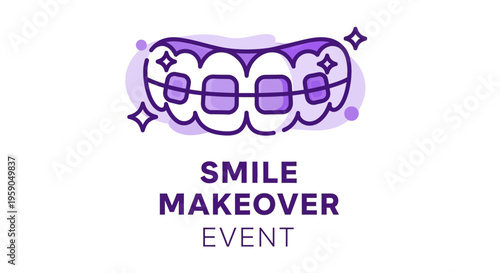 Purple Smile Makeover Event Advertisement Featuring Orthodontic Braces For Teeth Alignment