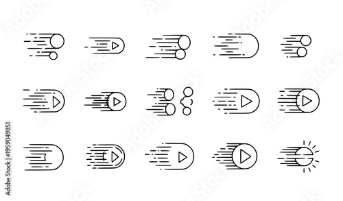A set of minimalist play button icons in various designs and styles with motion lines and speed effects on a clean white background