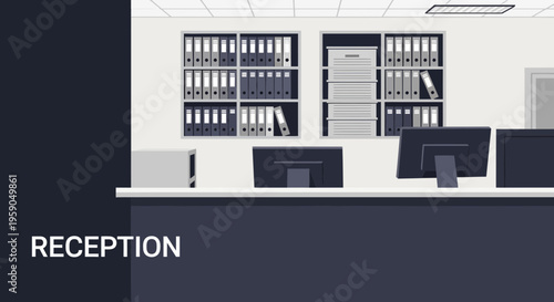 Reception Area Illustrative Design: Modern Office Interior Aesthetic with Computers and Archives